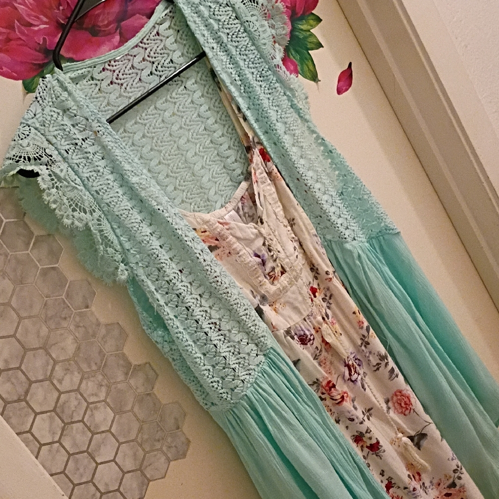 NoBo Floral Mini Dress & Turquoise Lace Cardigan Women's Size XL EUC